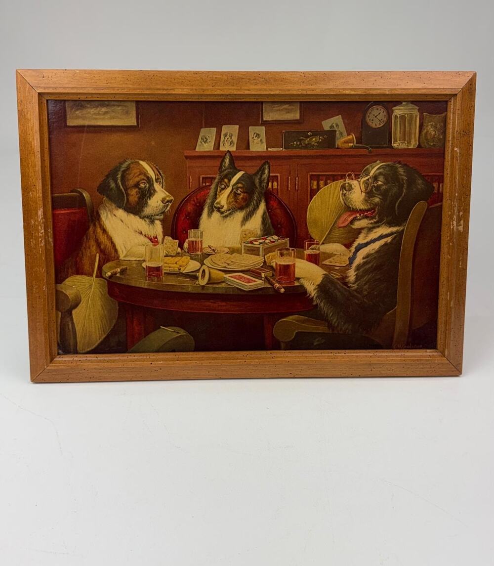 Vtg CM Coolidge Post Mortem Dogs Playing Poker Framed Print Signed